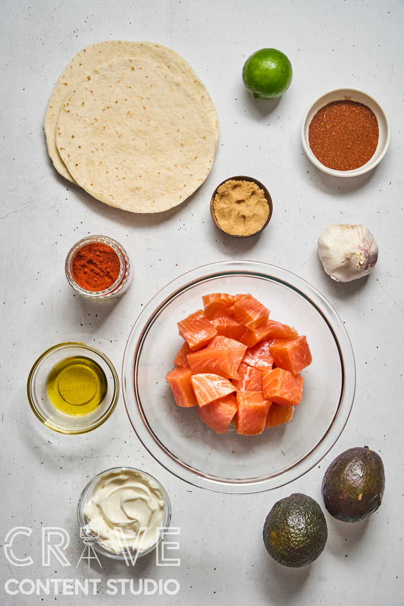 Air Fryer Chipotle Salmon Tacos with Avocado Crema