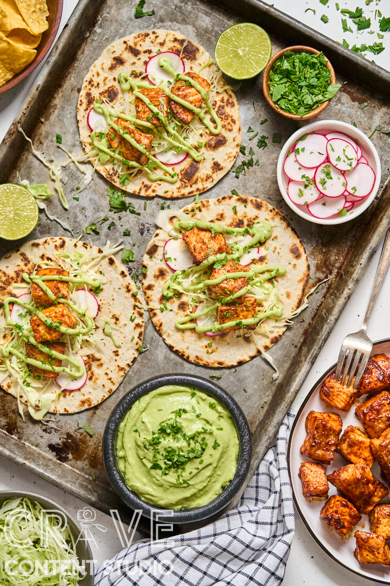 Air Fryer Chipotle Salmon Tacos with Avocado Crema