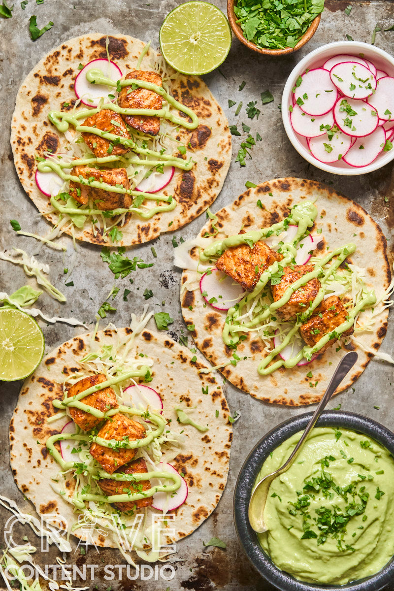 Air Fryer Chipotle Salmon Tacos with Avocado Crema