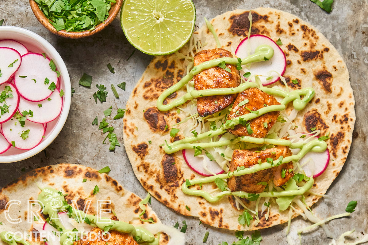 Air Fryer Chipotle Salmon Tacos with Avocado Crema