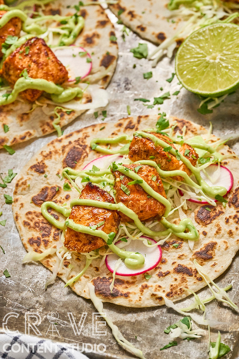 Air Fryer Chipotle Salmon Tacos with Avocado Crema