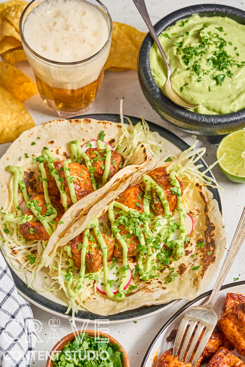 Air Fryer Chipotle Salmon Tacos with Avocado Crema