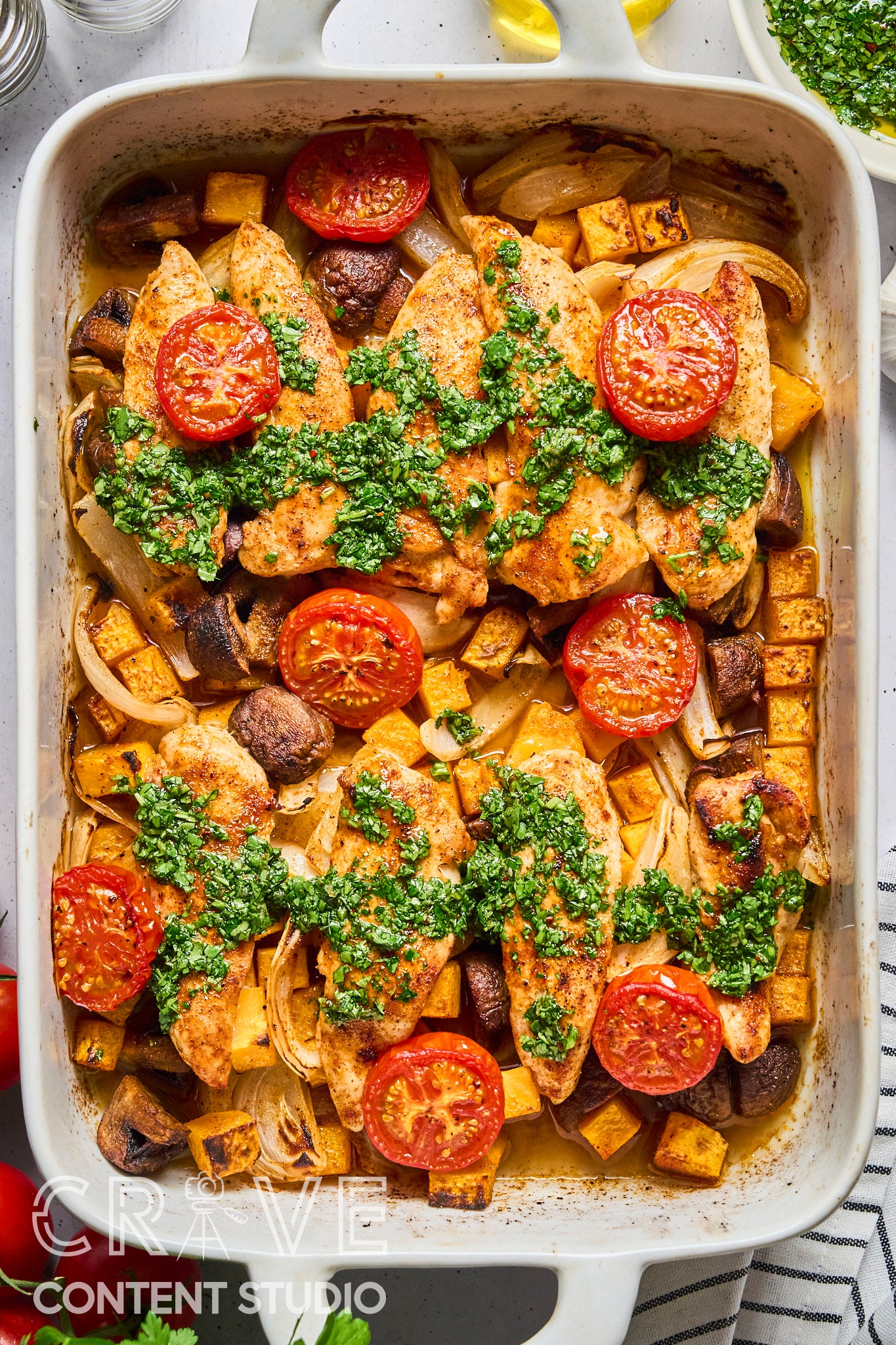 Baked Chicken & Veggies with Hot Honey Chimichurri
