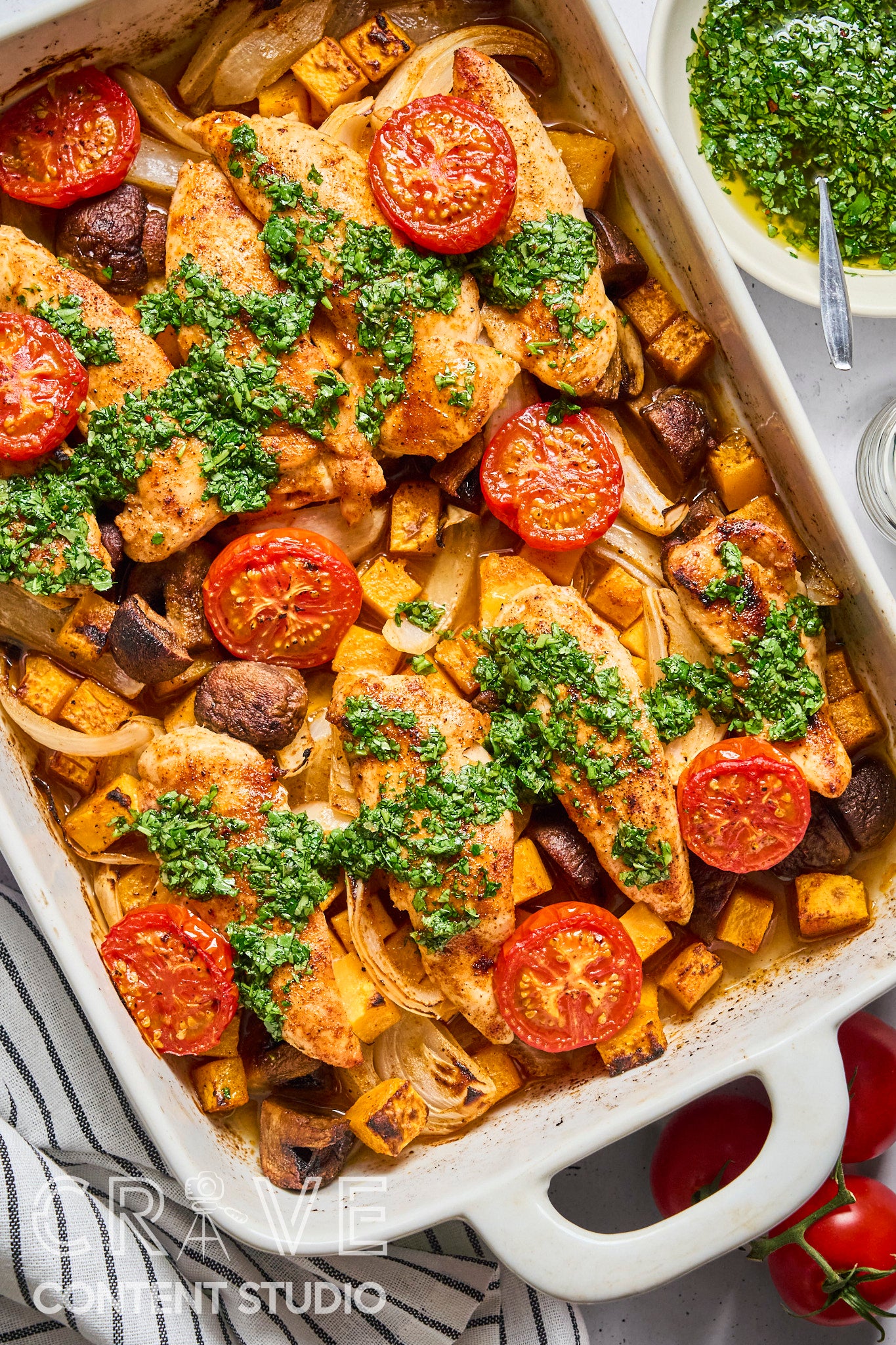 Baked Chicken & Veggies with Hot Honey Chimichurri