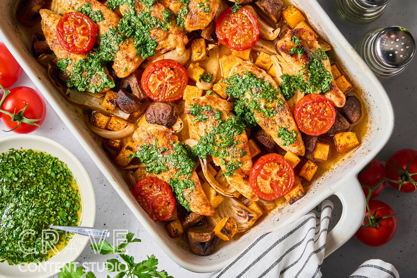 Baked Chicken & Veggies with Hot Honey Chimichurri