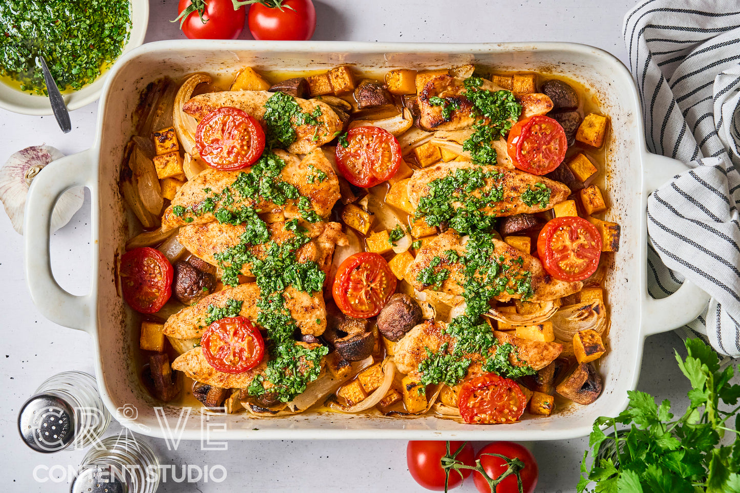 Baked Chicken & Veggies with Hot Honey Chimichurri