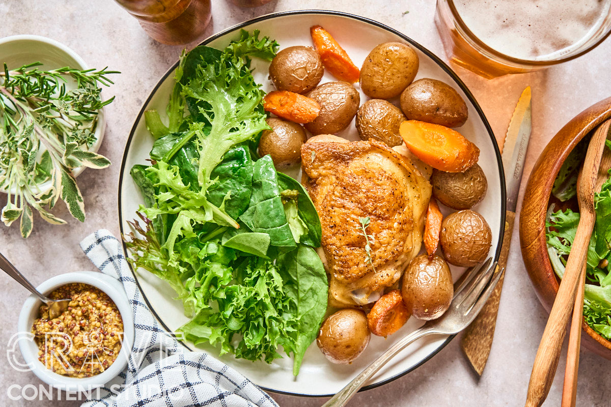 Beer-Braised Dijon Chicken with Roasted Potatoes and Carrots