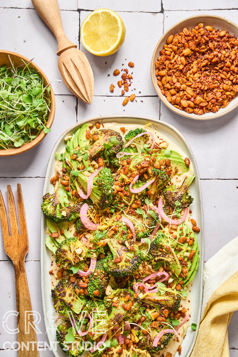 Seared Broccoli, Avocado & Crispy Tempeh Salad