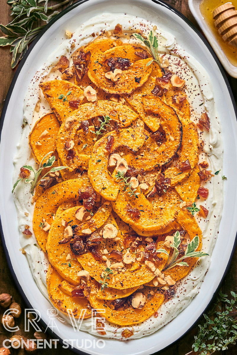Roast Butternut with Honeyed Labneh, Hazelnuts, and Dates