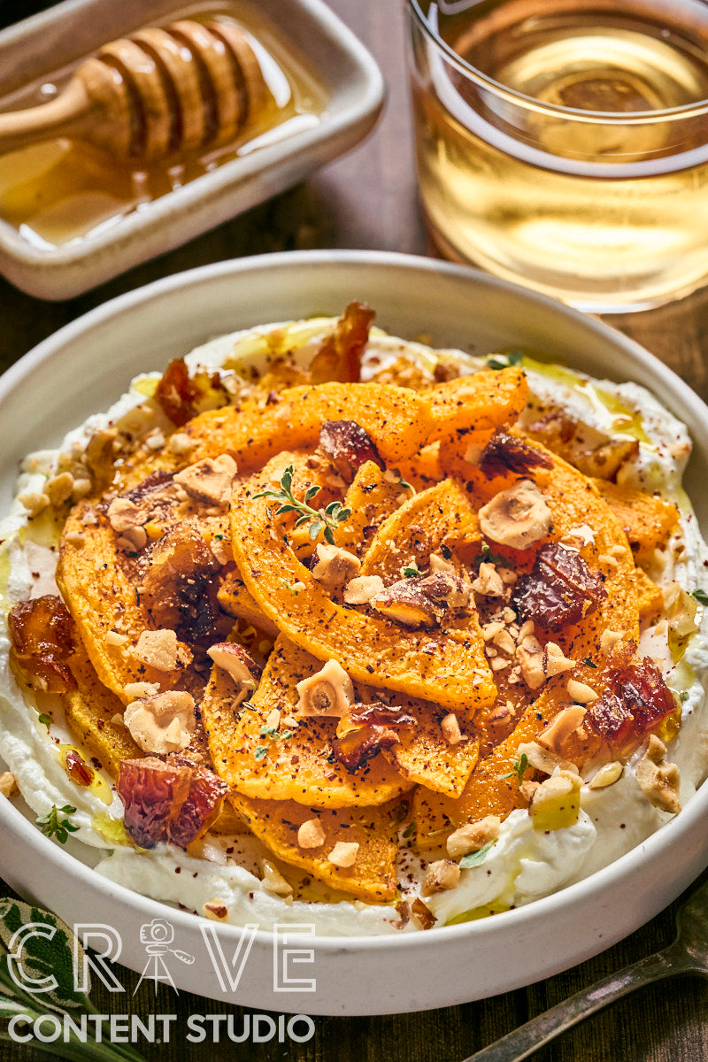 Roast Butternut with Honeyed Labneh, Hazelnuts, and Dates
