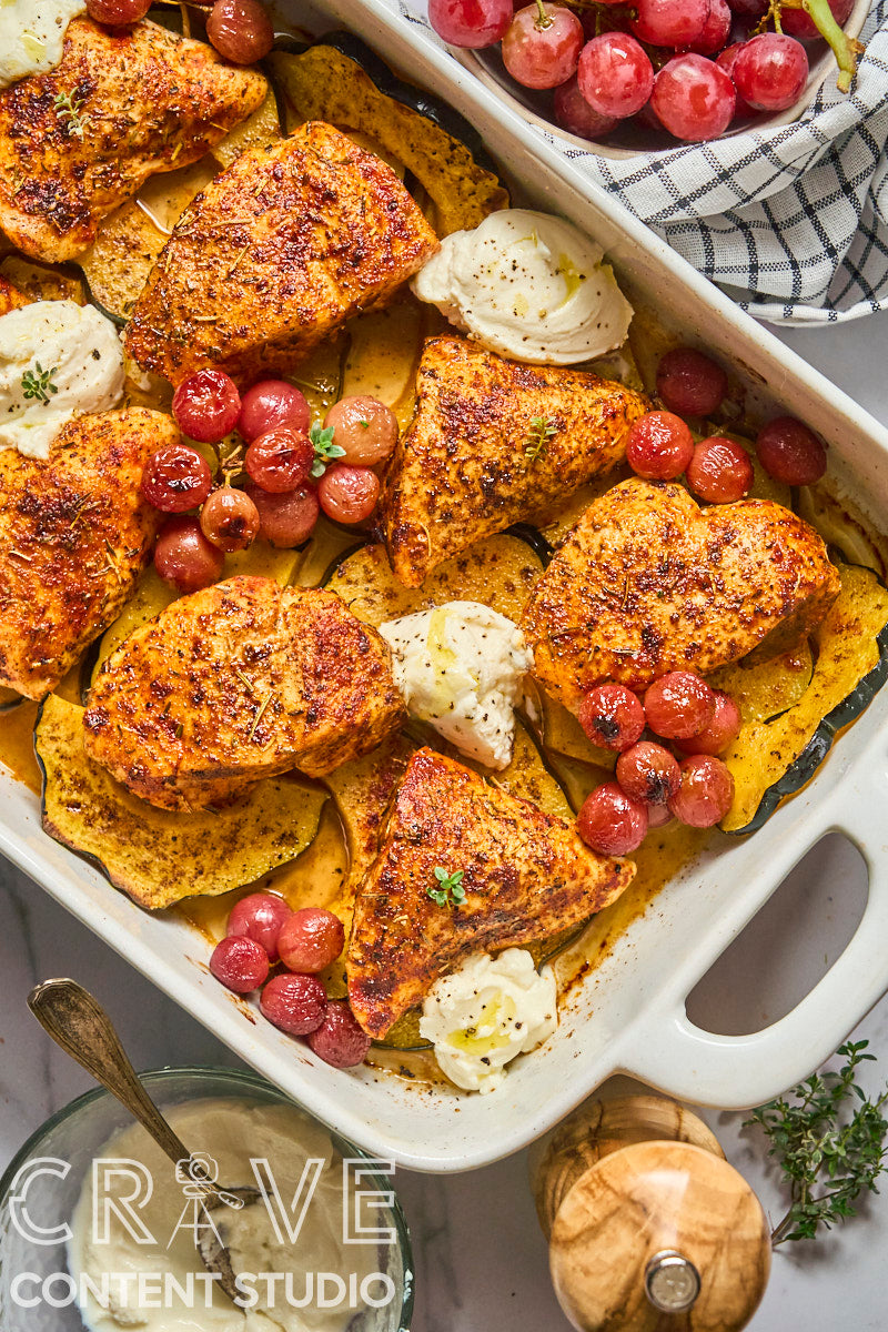 Roast Chicken with Grapes, Squash, and Ricotta