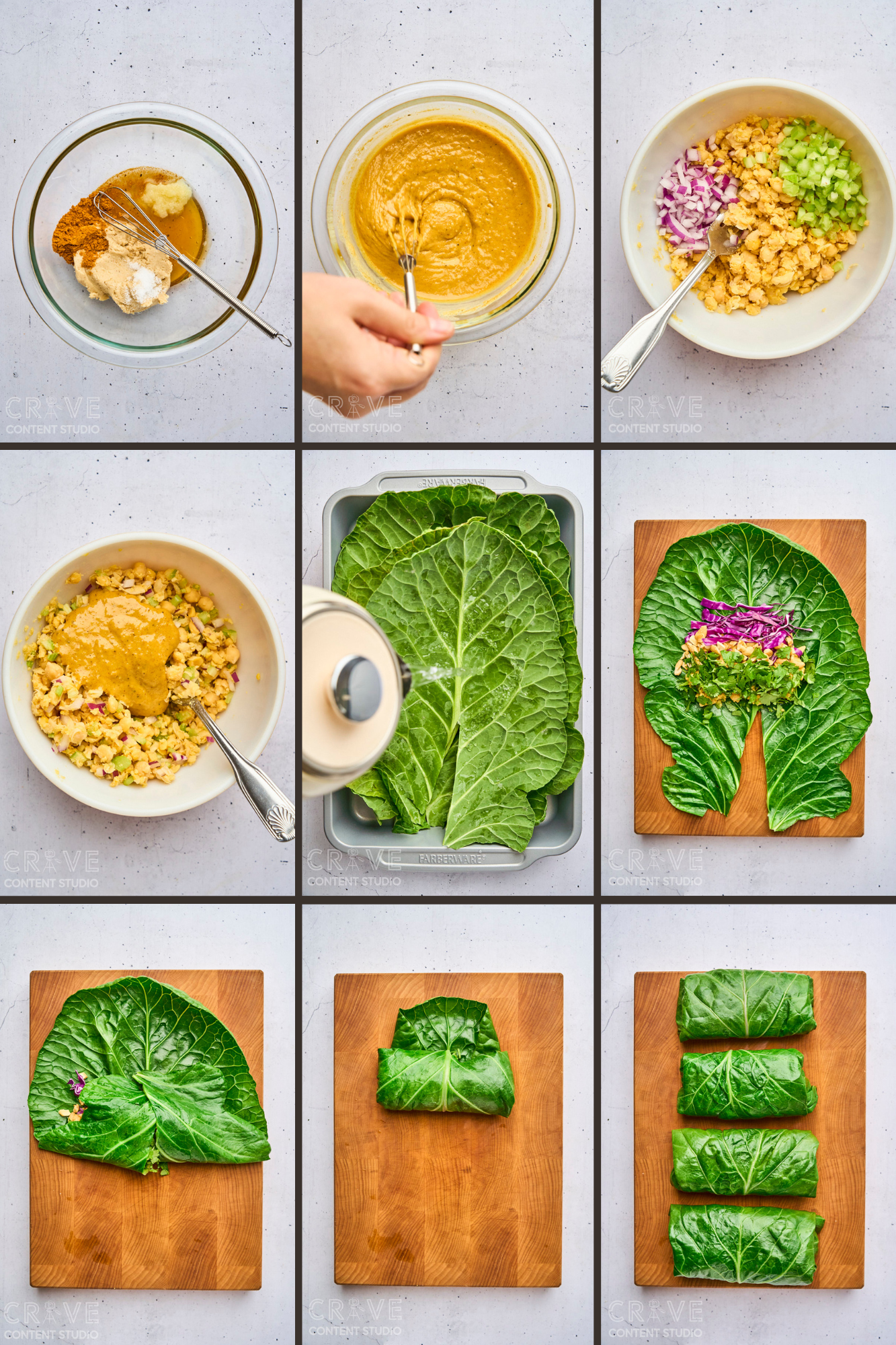 Curry-Cashew Smashed Chickpea Collard Wraps