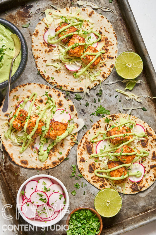 Air Fryer Chipotle Salmon Tacos with Avocado Crema