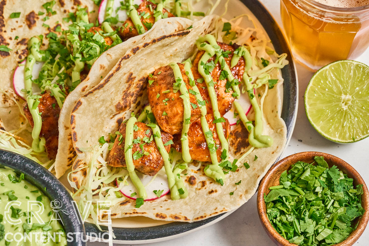 Air Fryer Chipotle Salmon Tacos with Avocado Crema