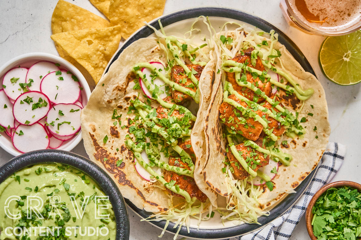 Air Fryer Chipotle Salmon Tacos with Avocado Crema