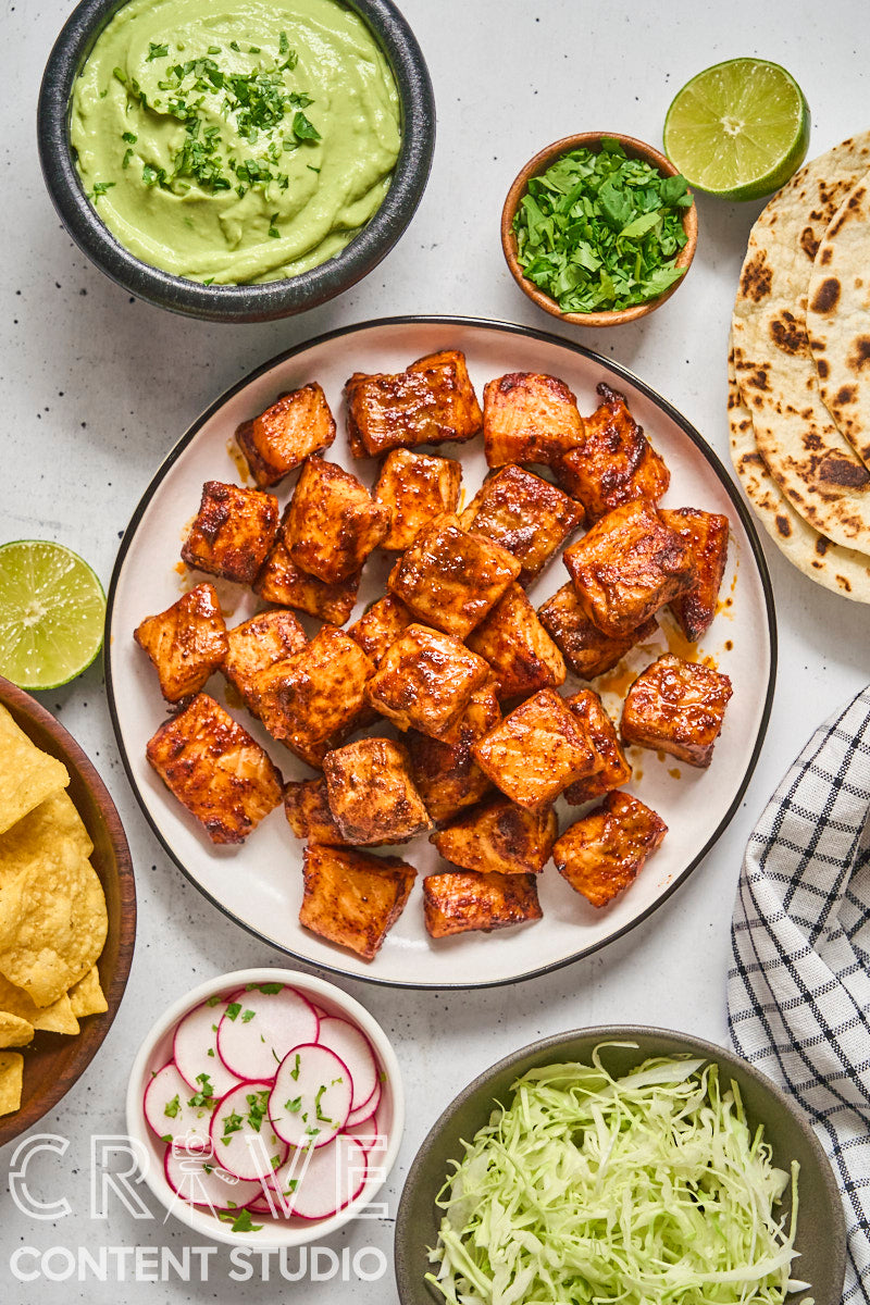 Air Fryer Chipotle Salmon Tacos with Avocado Crema