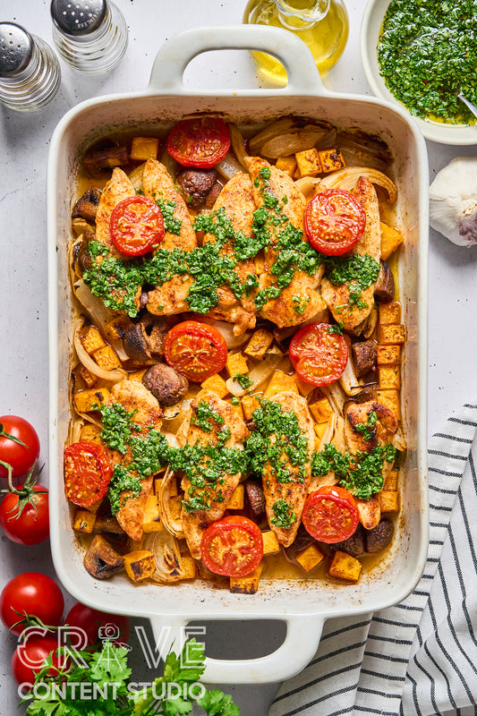 Baked Chicken & Veggies with Hot Honey Chimichurri
