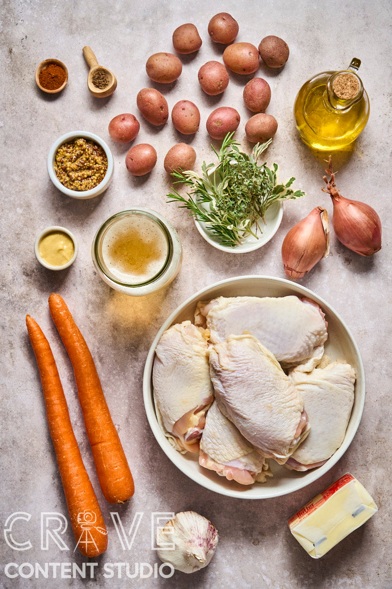 Beer-Braised Dijon Chicken with Roasted Potatoes and Carrots