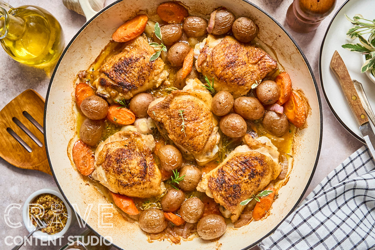 Beer-Braised Dijon Chicken with Roasted Potatoes and Carrots