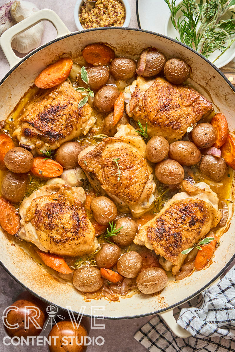 Beer-Braised Dijon Chicken with Roasted Potatoes and Carrots