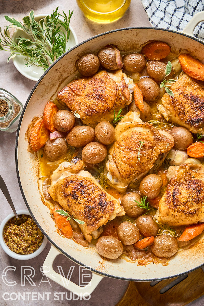 Beer-Braised Dijon Chicken with Roasted Potatoes and Carrots