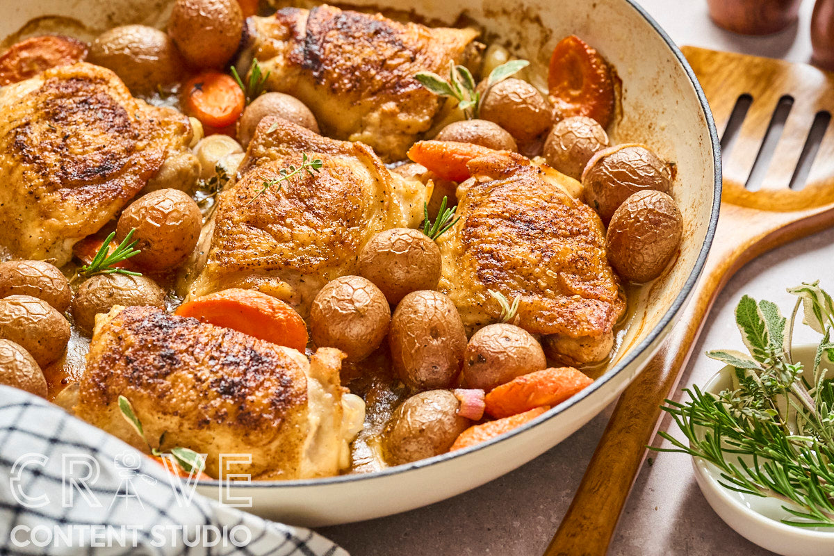 Beer-Braised Dijon Chicken with Roasted Potatoes and Carrots