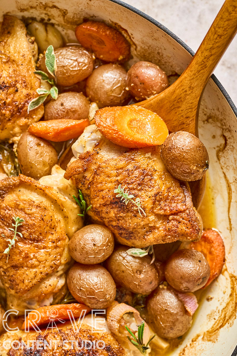 Beer-Braised Dijon Chicken with Roasted Potatoes and Carrots