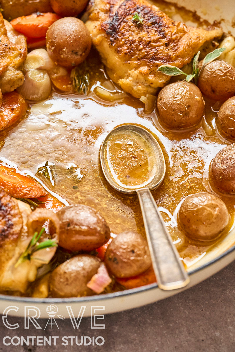 Beer-Braised Dijon Chicken with Roasted Potatoes and Carrots