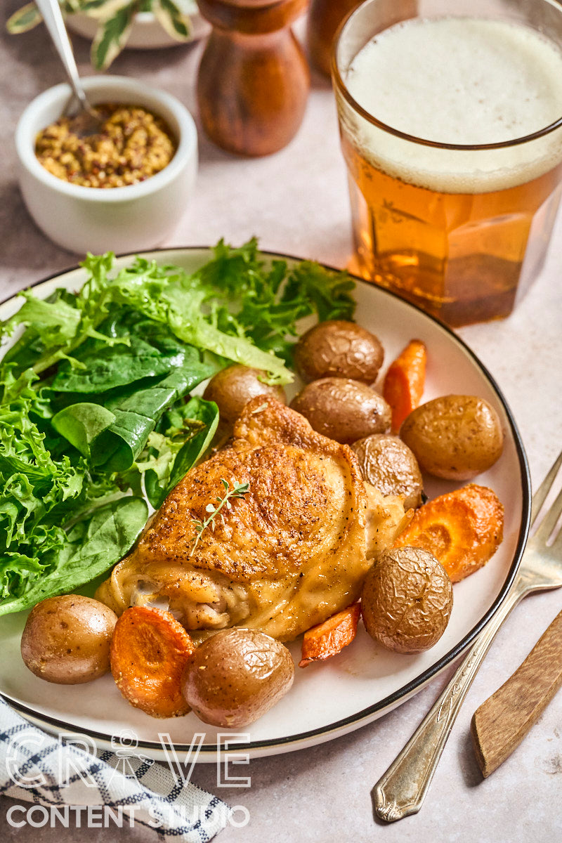 Beer-Braised Dijon Chicken with Roasted Potatoes and Carrots