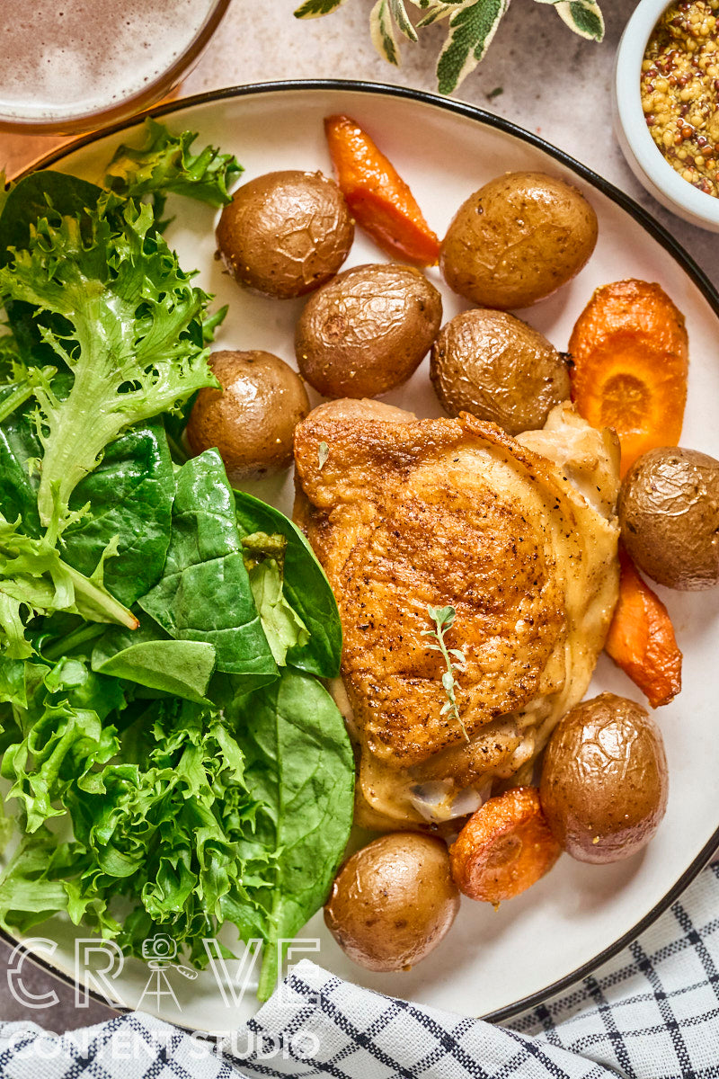 Beer-Braised Dijon Chicken with Roasted Potatoes and Carrots