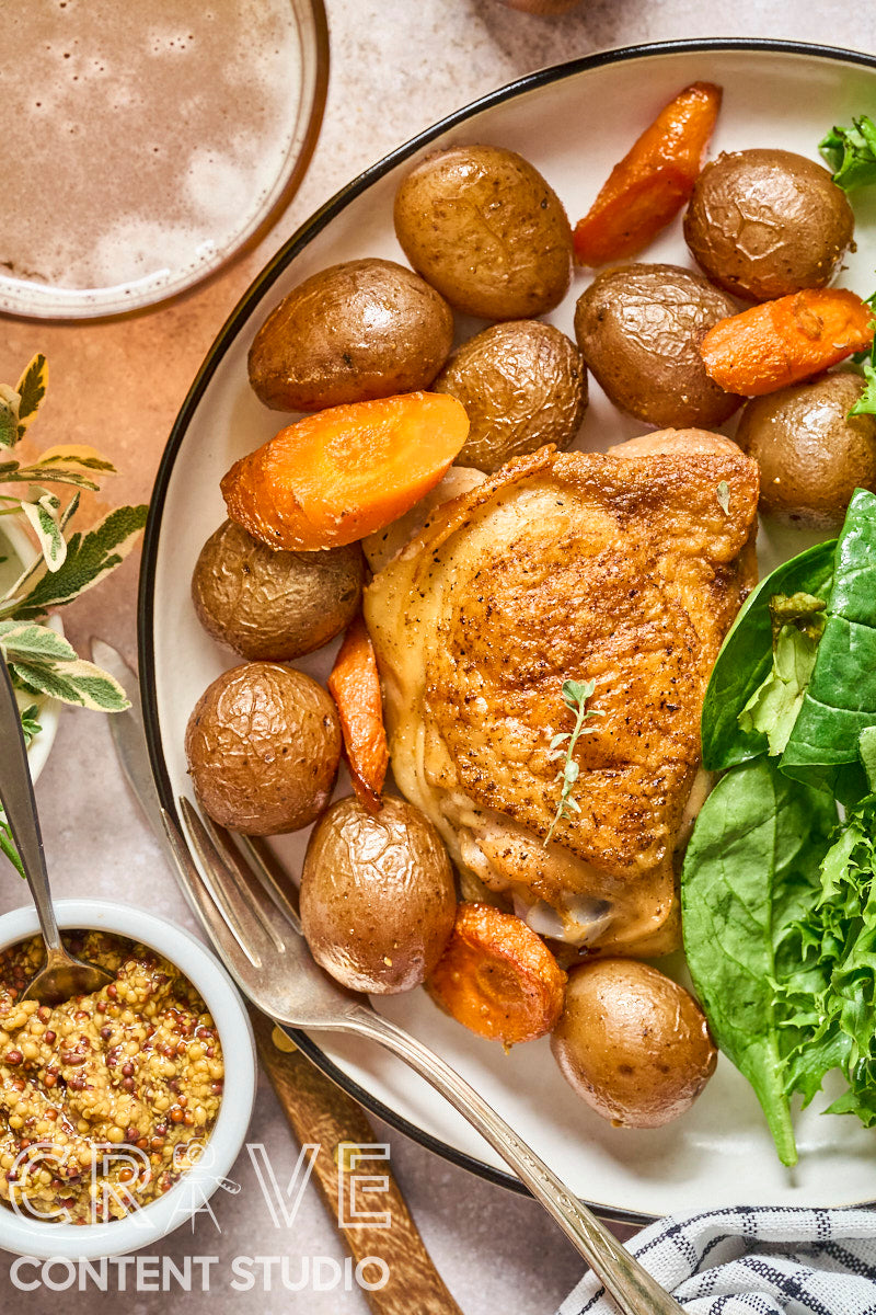 Beer-Braised Dijon Chicken with Roasted Potatoes and Carrots