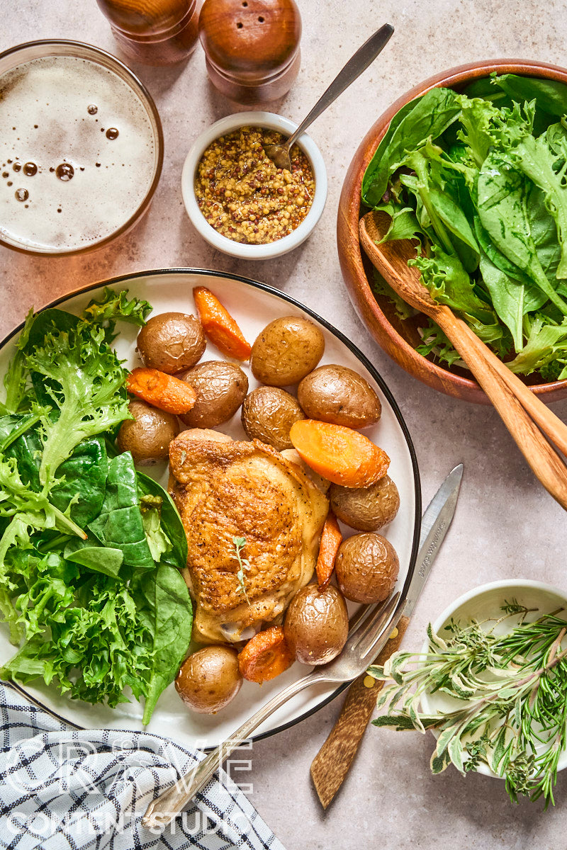Beer-Braised Dijon Chicken with Roasted Potatoes and Carrots