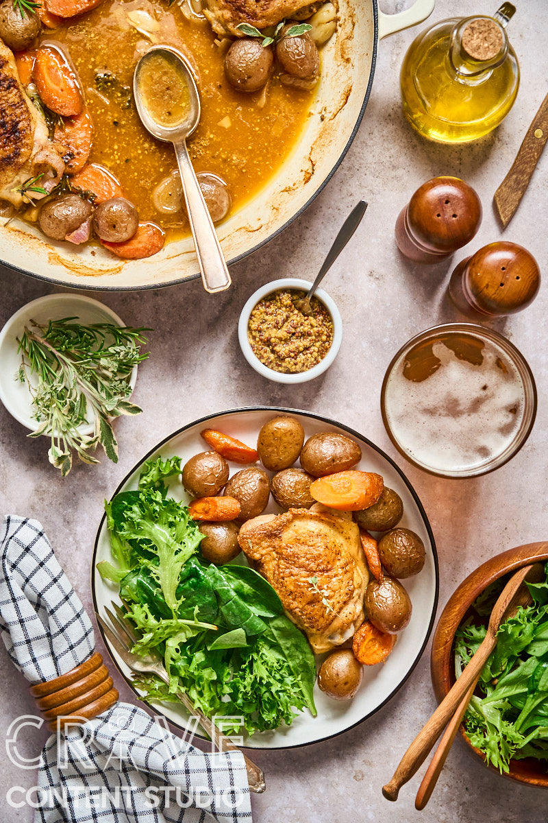 Beer-Braised Dijon Chicken with Roasted Potatoes and Carrots