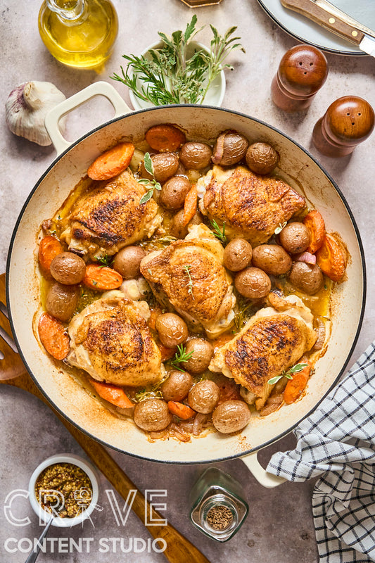 Beer-Braised Dijon Chicken with Roasted Potatoes and Carrots