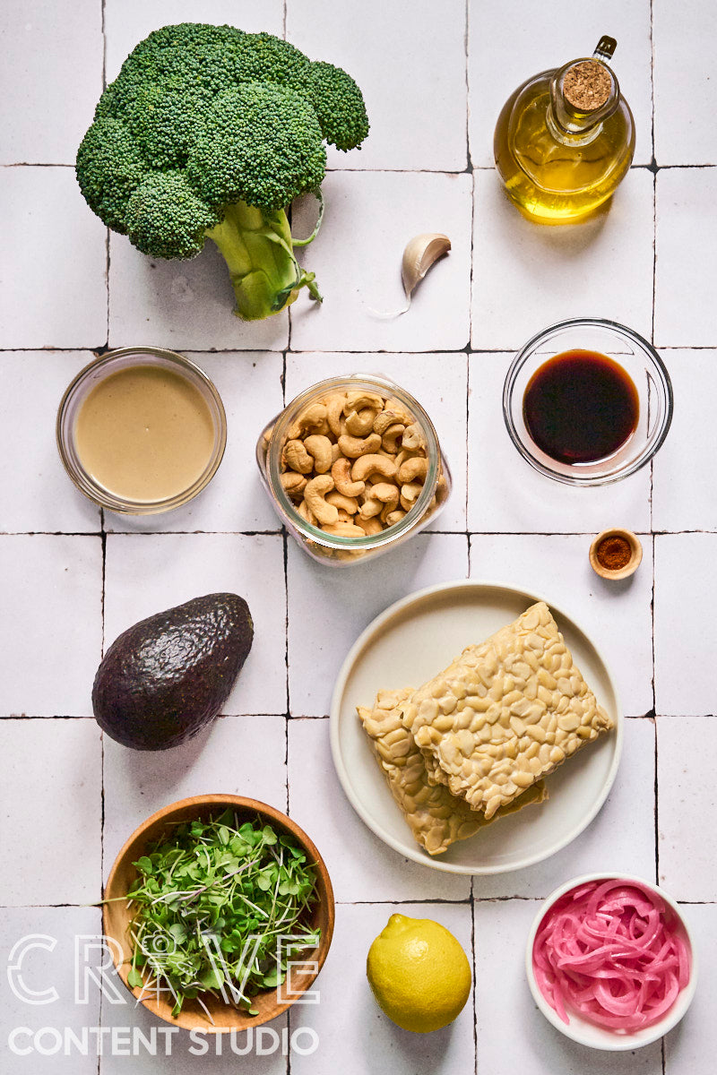 Seared Broccoli, Avocado & Crispy Tempeh Salad
