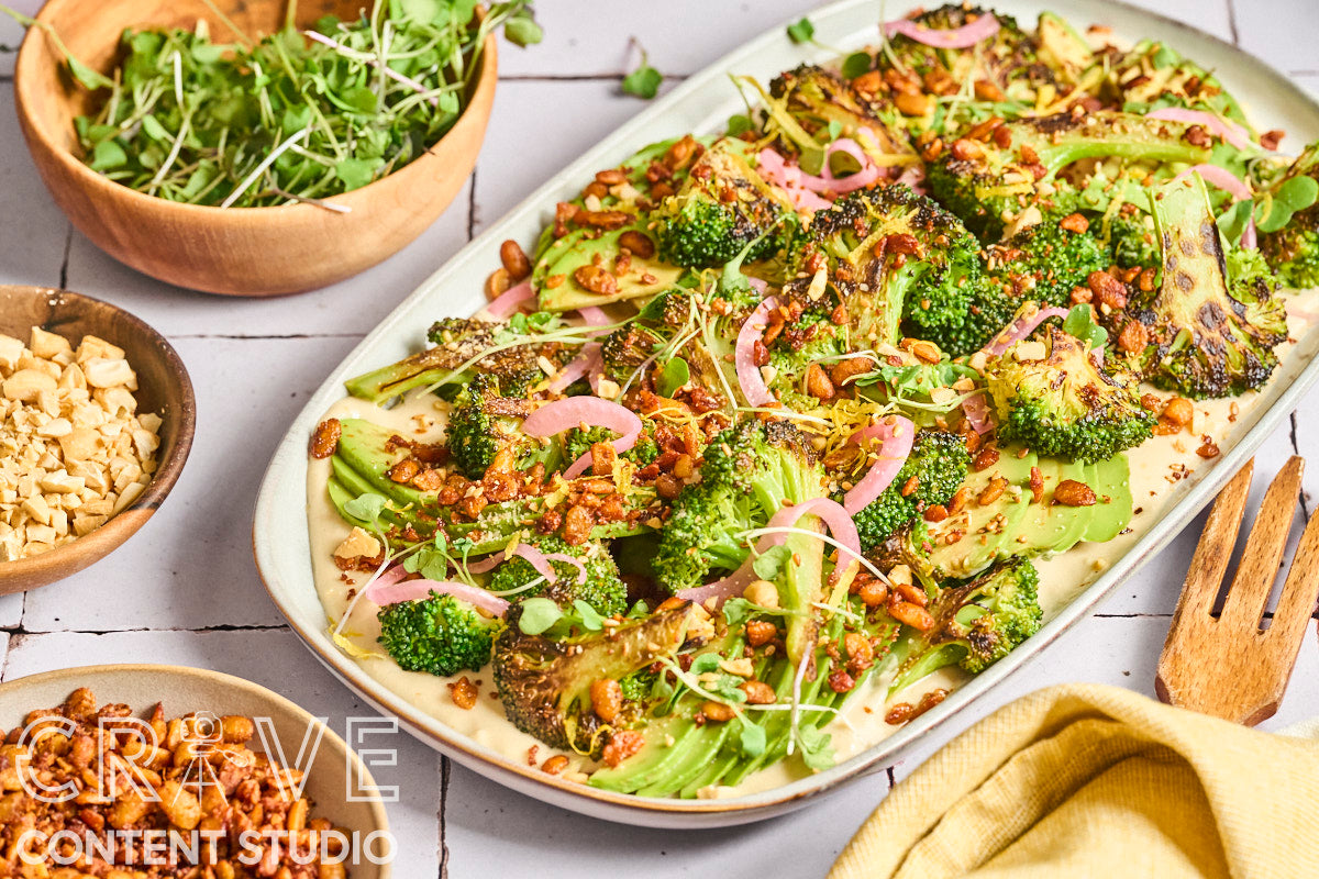 Seared Broccoli, Avocado & Crispy Tempeh Salad
