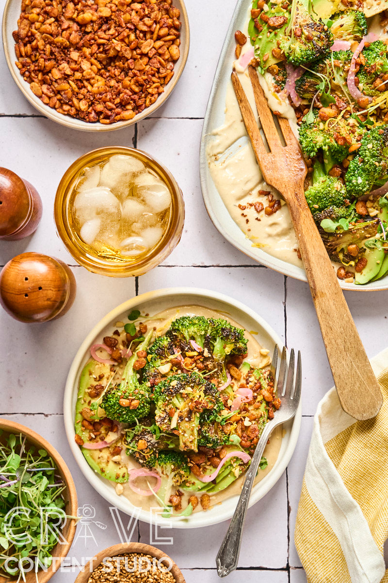 Seared Broccoli, Avocado & Crispy Tempeh Salad