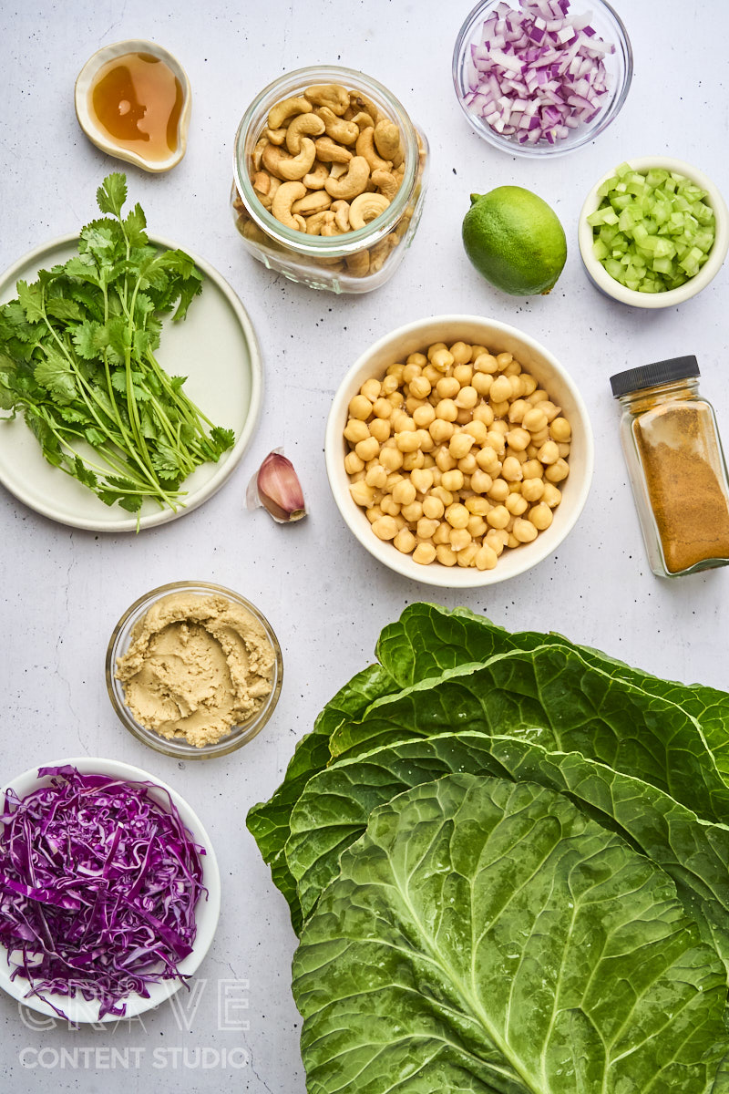 Curry-Cashew Smashed Chickpea Collard Wraps