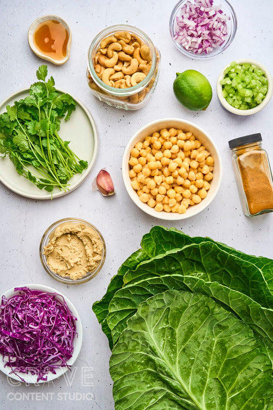 Curry-Cashew Smashed Chickpea Collard Wraps