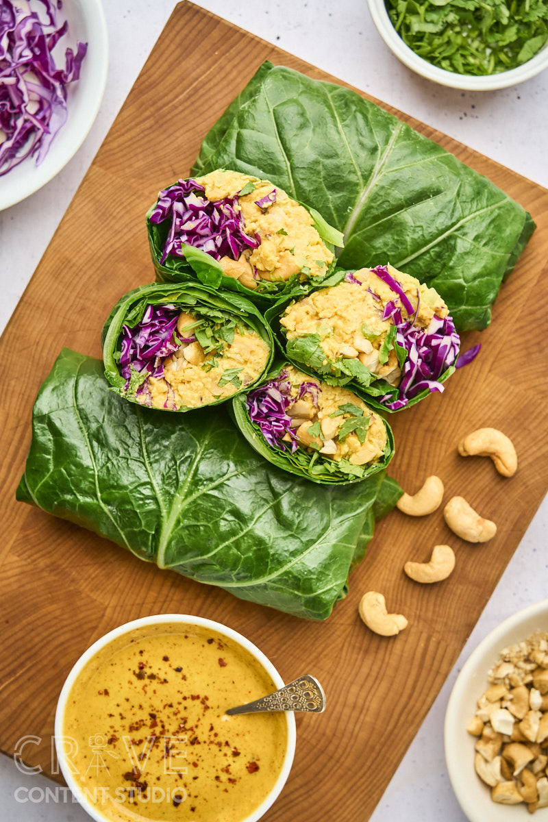 Curry-Cashew Smashed Chickpea Collard Wraps