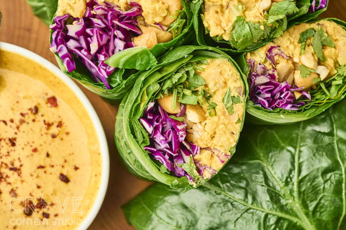 Curry-Cashew Smashed Chickpea Collard Wraps