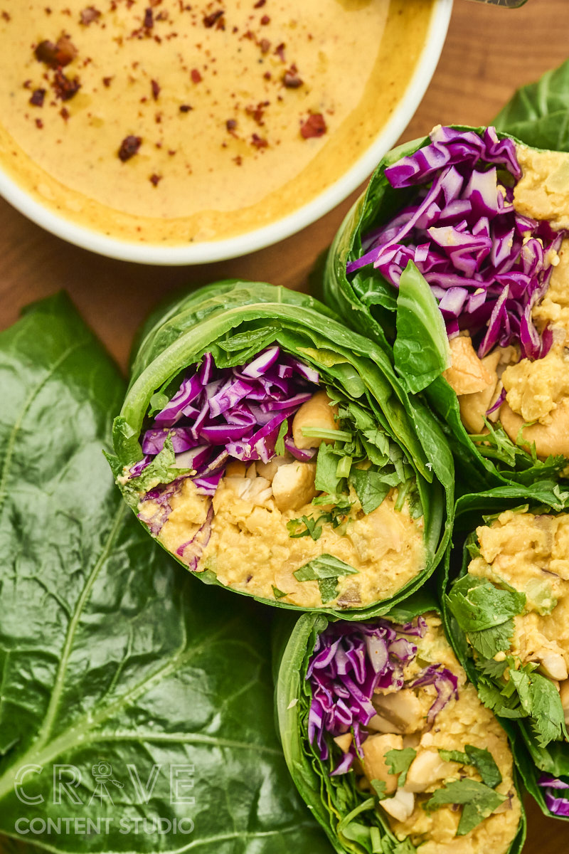 Curry-Cashew Smashed Chickpea Collard Wraps