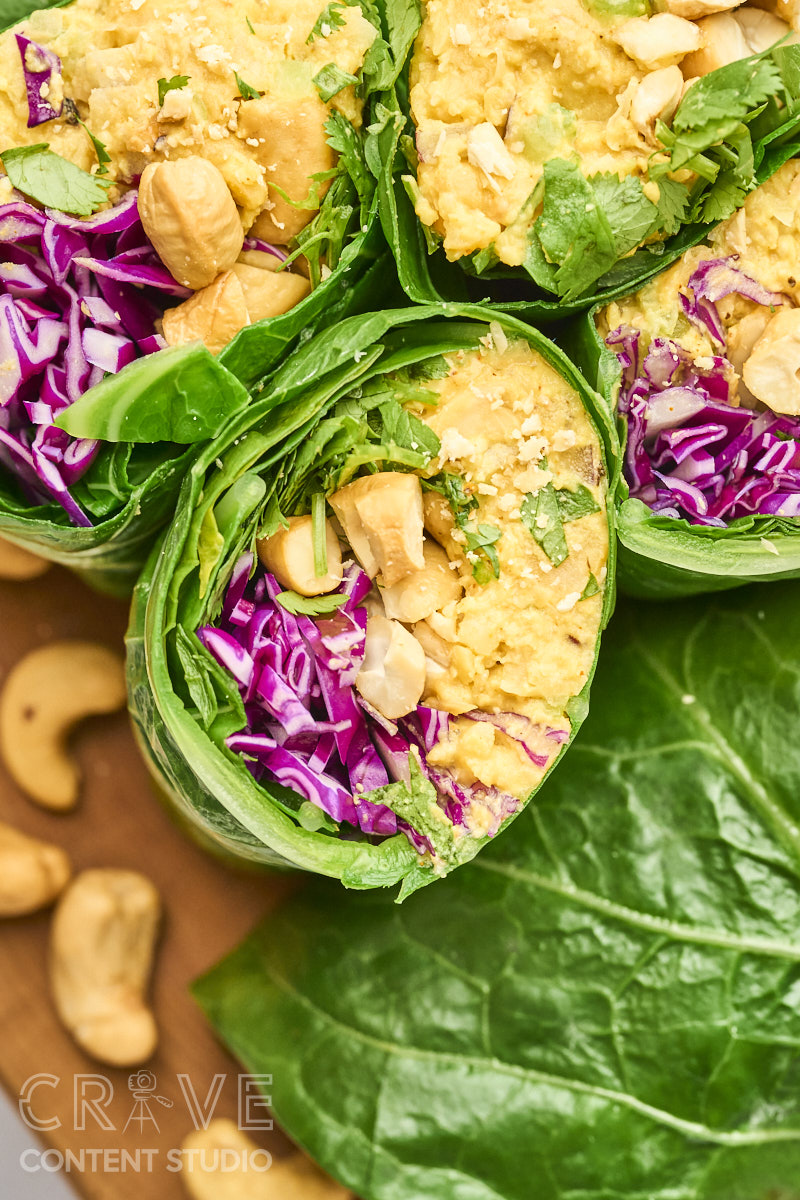 Curry-Cashew Smashed Chickpea Collard Wraps