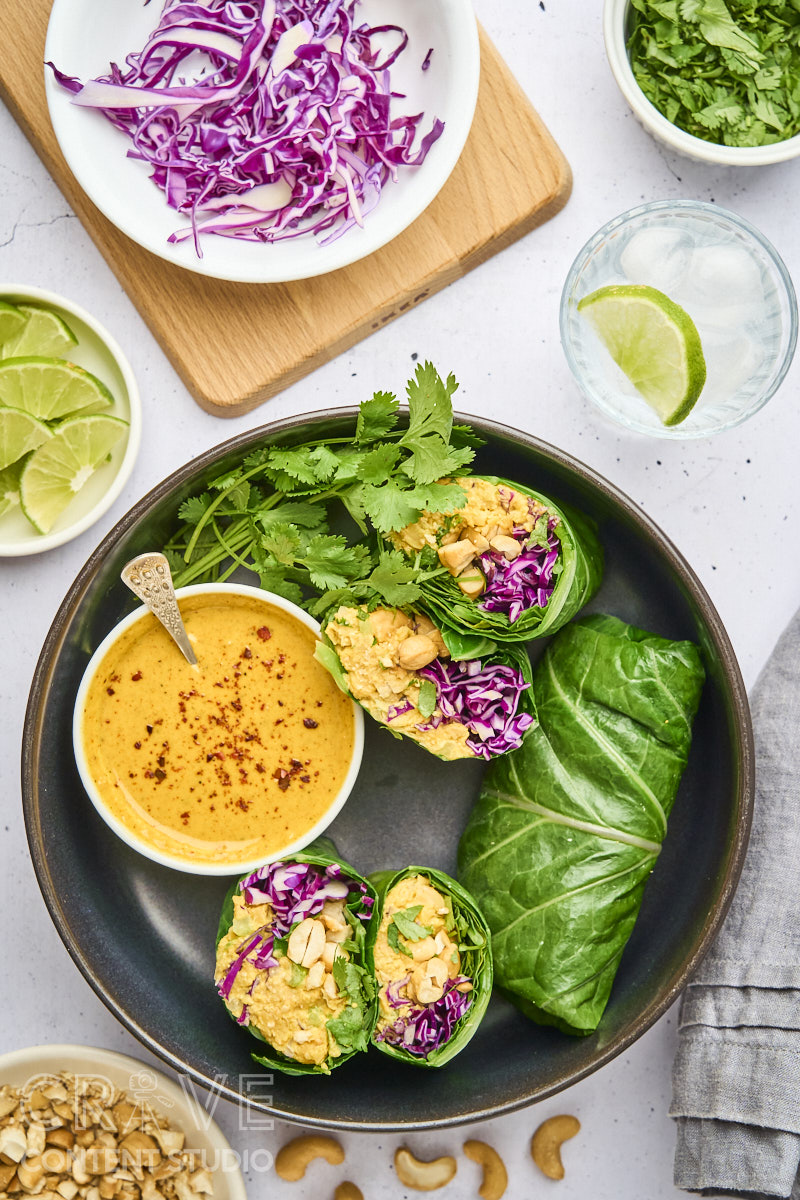 Curry-Cashew Smashed Chickpea Collard Wraps