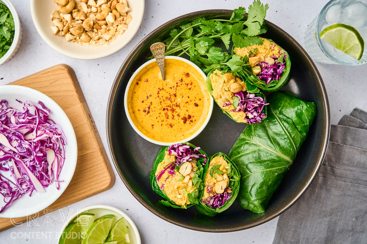 Curry-Cashew Smashed Chickpea Collard Wraps