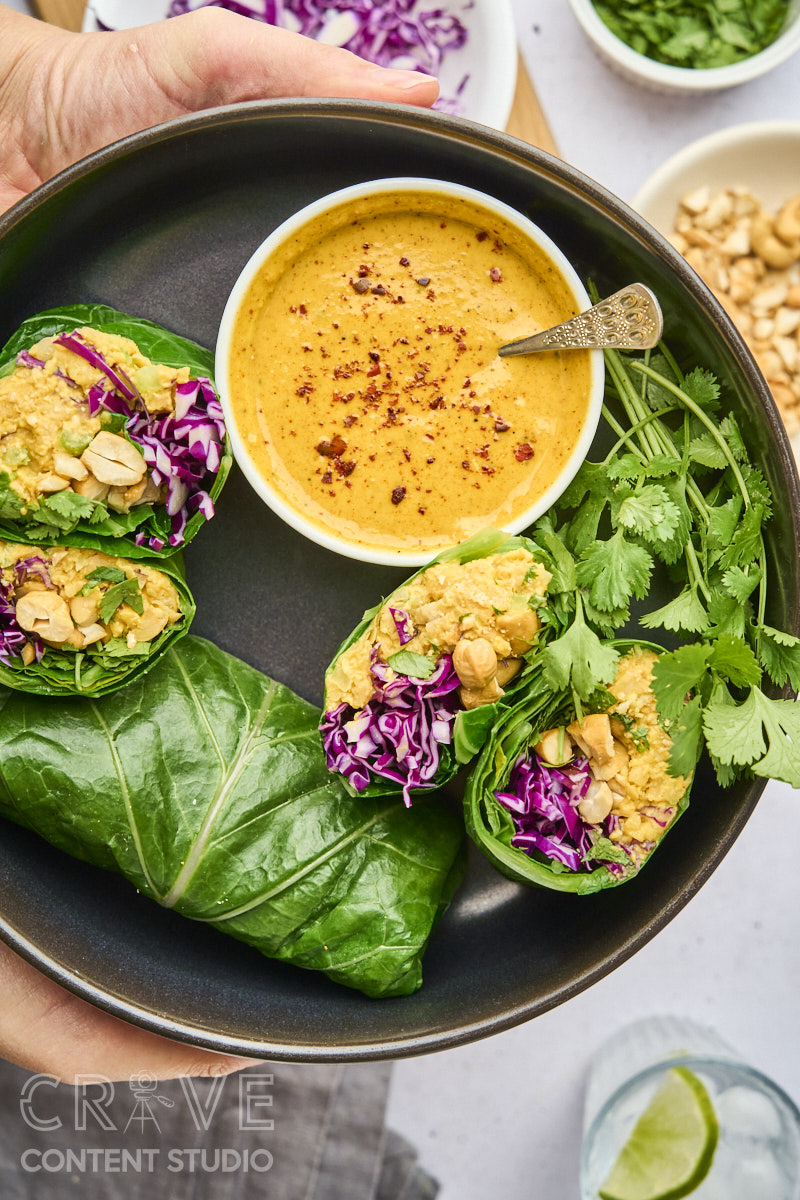 Curry-Cashew Smashed Chickpea Collard Wraps