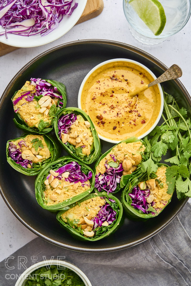 Curry-Cashew Smashed Chickpea Collard Wraps