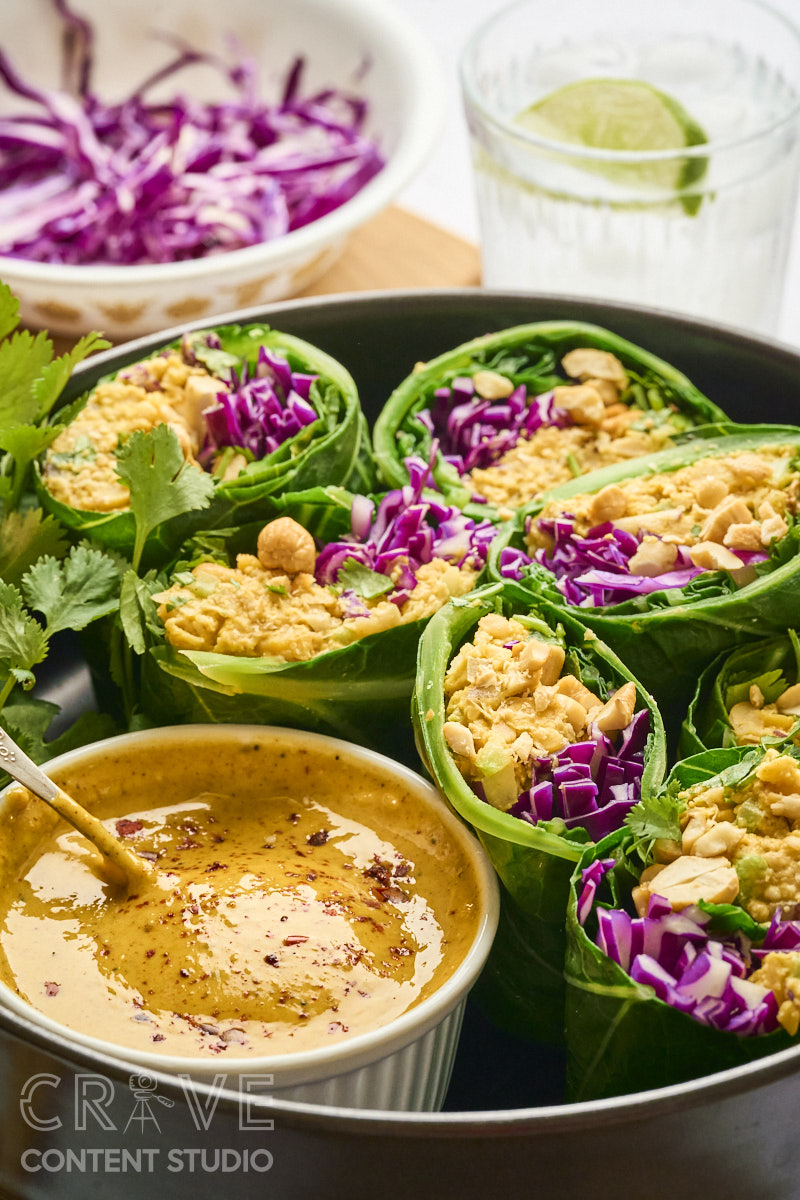 Curry-Cashew Smashed Chickpea Collard Wraps