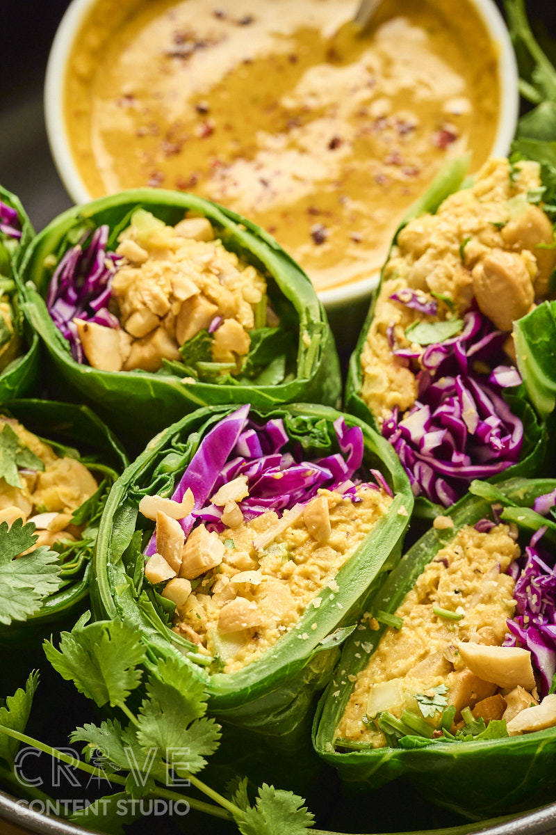 Curry-Cashew Smashed Chickpea Collard Wraps