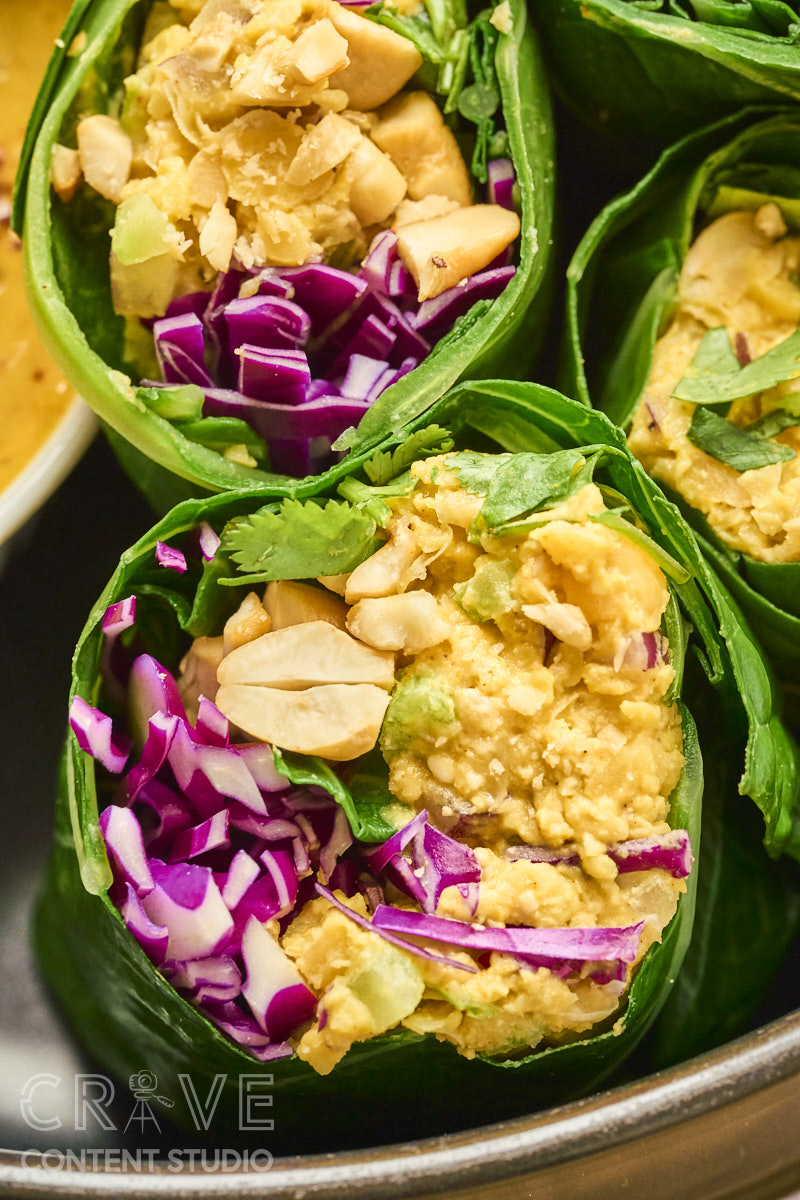 Curry-Cashew Smashed Chickpea Collard Wraps